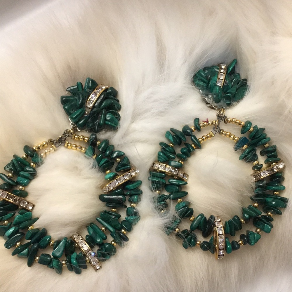 Huge Vintage Green Earrings Clip Green Stones and Rhinestones